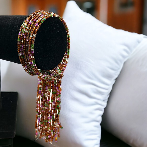 Homemade Purple White & Green Beaded Wire Cuff with Tassels Bracelet! - Picture 1 of 6